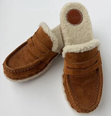 Chloe Feminino Joy Shearling Forrado Castanho Camurça Mules Tamanho 7 EUA 37 UE - Imagem 1 de 4