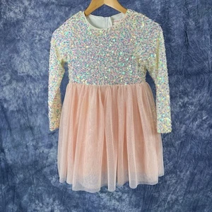 Cat & Jack Pink Sequin & Tulle Long Sleeve Dress Girls Sz 7/8 - Picture 1 of 3