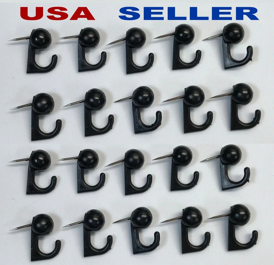 20 Black Hook Hangers Thumb Tacks Push Pins Home Office Decor  Cork Memory Board - Image 1 of 1