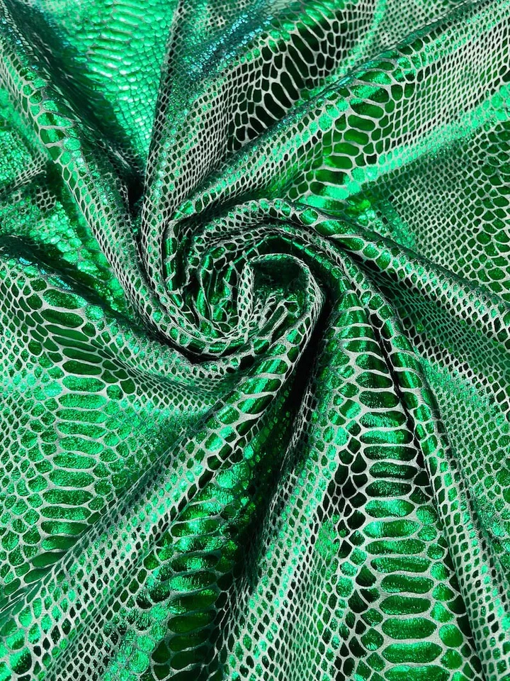 58" Wide Green foil Snake design on a stretch velvet fabric SOLD BY THE YARD - Image 1 of 1