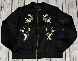 Zara Women Souvenir Bomber Jacket Sz Small Embroidered Birds Cherry Blossoms Zip - Picture 1 of 15