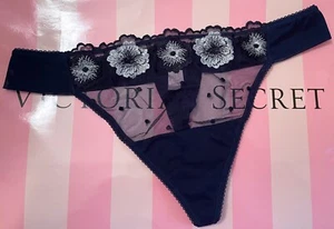 VICTORIA'S SECRET XL NAVY BLUE FLORAL EMBROIDERED DOTTED MESH RARE THONG PANTIES - Picture 1 of 6