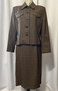 Vintage CARLISLE 100% Wool Skirt(SZ 14) And Blazer(SZ 10) Set Brown Plaid - Picture 1 of 23
