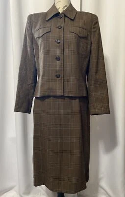 复古 CARLISLE 100% 羊毛裙(尺寸 14)和西装外套(尺寸 10)棕色格子 — 第 1/4 张图片