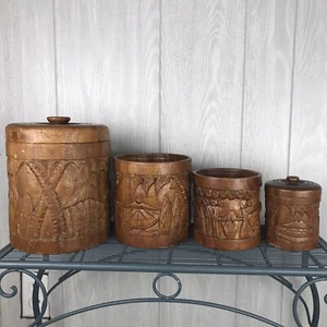 Vintage Holz handgeschnitzt 4 Stück Nesting Kanister Utensilienhalter Aufbewahrungsset - Bild 1 von 12