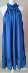 Belle Badgley Mischka Dress SZ 14 Blue High Neckline Bow Cutout Ruffle Flowy - Picture 1 of 12