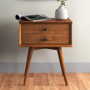 Mid Century Modern Nightstand with Drawers 2 Drawer Bed Table Solid Wood Brown R - Picture 1 of 6