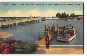 John's Pass, Golfo del Messico, San Pietroburgo Florida - Cartolina in lino anni '40 - Foto 1 di 2