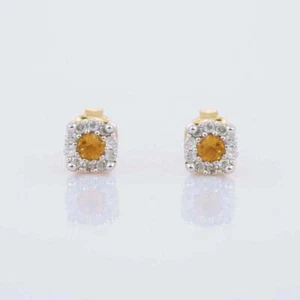 1ct Stud Earrings Natural Citrine & Diamond Halo Design 14k Solid Yellow Gold - Picture 1 of 12