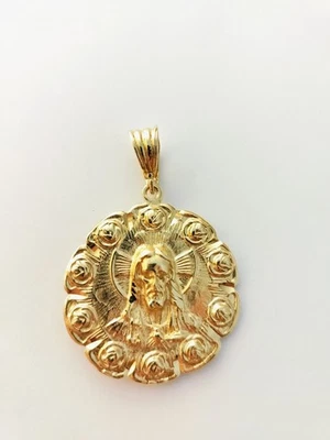 Colgante Medallón Rostro de Jesús y Virgen María Lleno de Oro 14k18k (2"Hx1"W) Foto 1 de 3