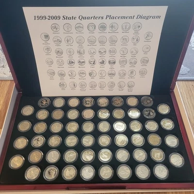 1999-2009 Complete Proof State & Territory Quarter 56-Coin Set Wood Display Case - Image 1 of 4