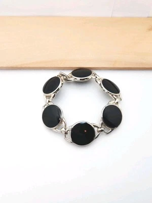 Sterling Silver Round Black Onyx Linked Bracelet 925 7" Large Chunky Circles - Image 1 of 4