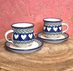 X2 Boleslawiec Polish Pottery Demitasse Espresso Cup & Saucer Sets Blue & White - Picture 1 of 15