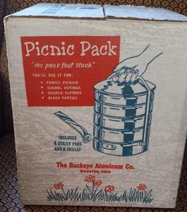 Vintage 1950er Buckeye Aluminium Picknick Pack Stapelbar Kochgeschirr Easy Carry Unit - Bild 1 von 12