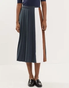 BNWT Jaeger Size 8 Colour Block Pleat Midi Skirt Navy Blue Brown White RRP £135 - Picture 1 of 10