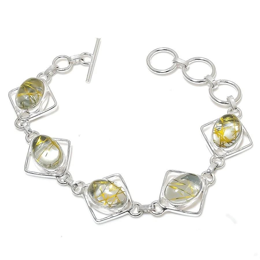 Rutilated Quartz Gemstone 925 Sterling Silver Jewelry Bracelet Size 7-8" - Image 1 of 1