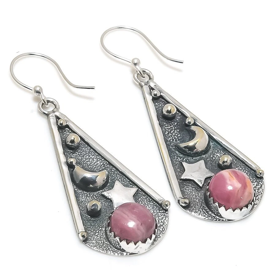 Винтажные серьги-подвески с родохрозитом и драгоценными камнями посеребренные ювелирные изделия 3 дюйма - Изображение 1 из 1