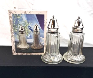 Glass Salt & Pepper Shakers Silver Plated Tops 5 3/4" Tall New with Box - Picture 1 of 7