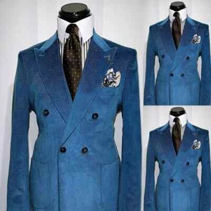 Corduroy Men's Suits Fall Warm Peak Lapel Double Breasted Casual Business 2 Pcs - Picture 1 of 14