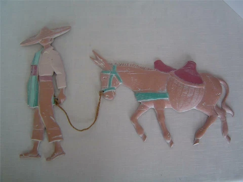 2 Vtg Cast Metal Art Southwestern Wall Plaques Mexican Man Leading Donkey Mule Cover