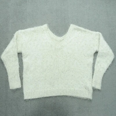 DKNY Sweater Womens Size Small Ivory V-Neck Long Sleeve Fluffy Cozy Arylic Blend - Image 1 of 4