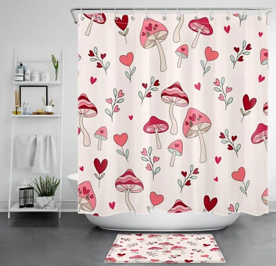 Juego de cortinas de ducha de San Valentín corazón amor rosa seta dibujos animados para decoración de baño Foto 1 de 4
