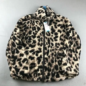 Cozy Sherpa Jacket Womens Large Brown Soft Fleece Animal Print Full Zip Coat NWT - Picture 1 of 12