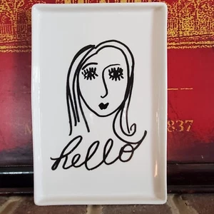 HELLO Ceramic Tray Drawing of Woman Black White  Food Cooking Platter Oven Safe - Picture 1 of 24