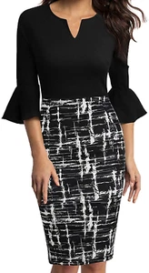 WOOSUNZE Womens Flounce Bell Sleeve Office Work Casual Pencil Dress - Picture 1 of 2
