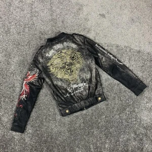 Ed Hardy Rhinestone Jacket Size M Tiger Skull Bird Black Shimmery Embroidered - Picture 1 of 24