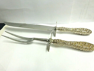 Conjunto de escultura Stieff prata esterlina repousse tamanho GG garfo e faca 11,50 pol. lg 2 peças - Imagem 1 de 4