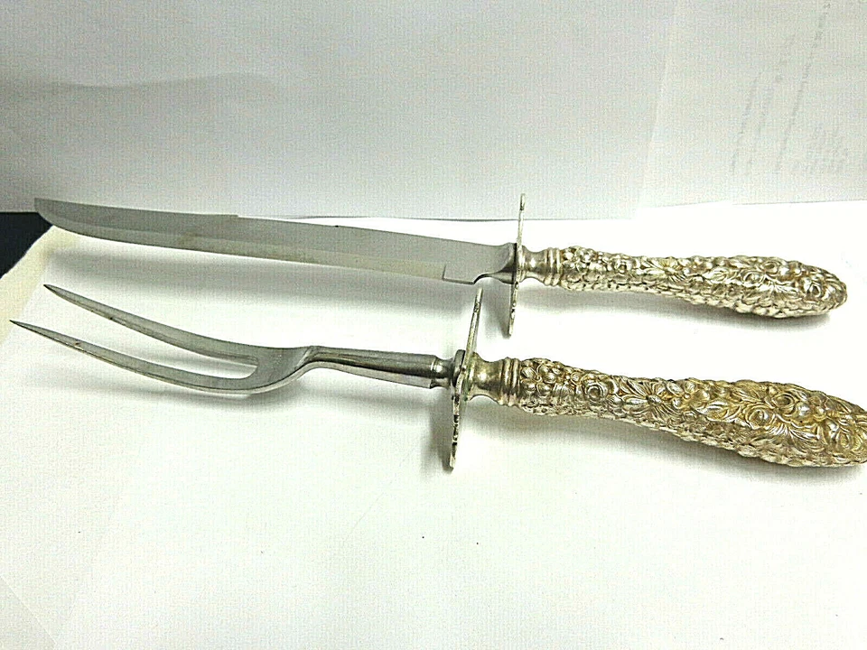 Juego de tallado Stieff plata esterlina repujado tamaño lg horquilla y cuchillo 11,50 pulgadas lg 2 piezas Foto 1 de 4