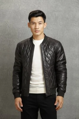 Black Quilted Leather Jacket Men Lambskin Bomber Size S M L XL XXL Custom Made - Image 1 of 3