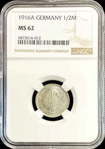 1916 A SILVER GERMANY EMPIRE 1/2 MARK IMPERIAL EAGLE COIN NGC MINT STATE 62 - Picture 1 of 2