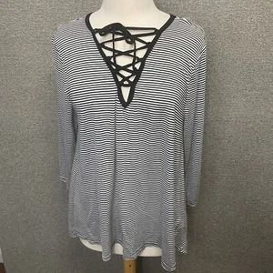 Top Umgee donna blusa tunica casual grande nero bianco righe manica 3/4 collo allacciato - Foto 1 di 10