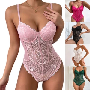 Damen Sexy Spitze Spleiß Netz Straps Body Shaping Jumpsuit Slim Fit Jumpsuit - Bild 1 von 17