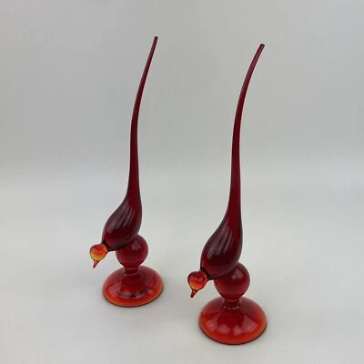 Vintage Mid Century Modern Viking Glass Red ~ Amberina Long Tailed Bird 10" Pair - Image 1 of 4