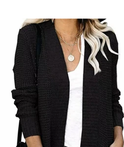 Womens Long Sleeve Open Front Waffle Chunky Knit Cardigan Sweater Outwear Black - Picture 1 of 5