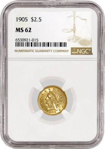 1905 $2.50 Liberty Head Quarter Eagle Gold NGC MS62 Uncirculated Coin Cover