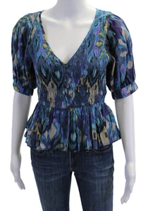 Love The Label Women's V-Neck Short Sleeves Smocked Blouse Multicolor Size XS - Picture 1 of 4