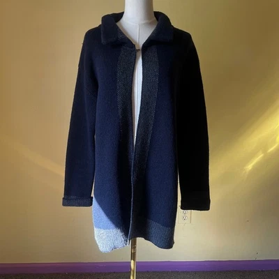 Vintage Chiaramente Italy Wool Blend Knit Cardigan Coat Navy Gray Collar L - Image 1 of 4