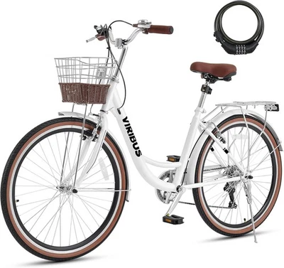 Secondhand 24 in. 7 Speed Womens Bike, w/ Ratten Basket & Rack, 330 lb., White - Image 1 of 4
