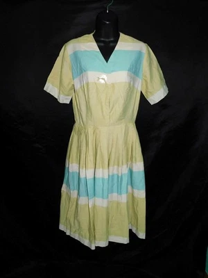 Vintage 60s S M Yellow Blue Striped Shirt Dress Short Sleeve Pleated Midi Skirt - Image 1 of 4