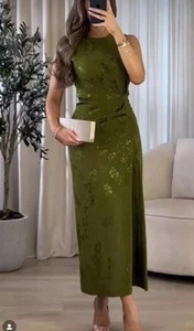 ZARA NWT WOMAN SS24 RUCHED SATIN JACQUARD MIDI DRESS GREEN | 3546/565 SIZE M - Picture 1 of 12