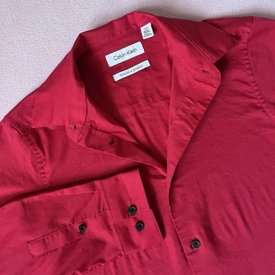 Calvin Klein Boys Slim Fit Solid Stretch Button Down Shirt Red Size 10 - Image 1 of 4