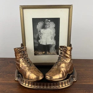 VTG Copper Bronze Baby Shoes Picture Frame and Stand 8x10 w/Removable B&W Photo - Picture 1 of 22