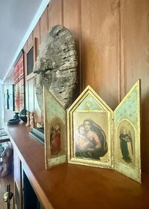 Antiguo tríptico religioso florentino italiano Virgen y Niño principios de 1800’s - Imagen 1 de 15