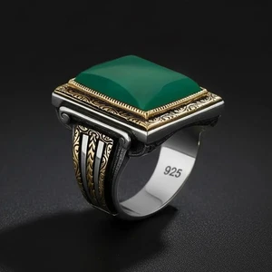 Herren Ring grüner Achat 925 Sterling Silber Vintage Handarbeit Schmuck - Bild 1 von 5