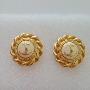Vintage Nautical pierced earrings Gold tone White enamel Anchor Beach Lovers - Picture 1 of 4