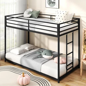 Twin over Twin Bunk Bed, Metal Low Profile Bunkbeds with Full-Length Guardrail a - Picture 1 of 7